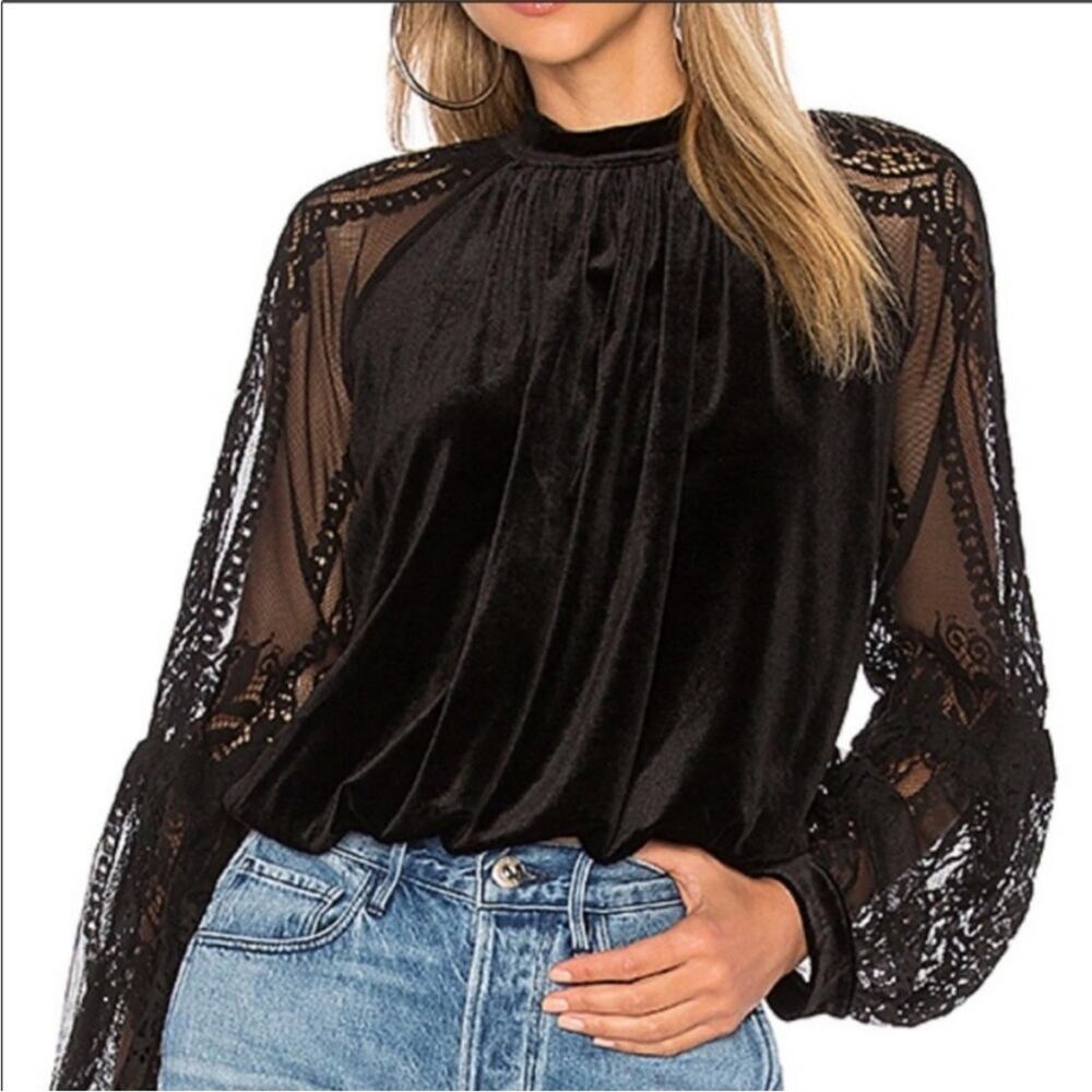 Free People Dream Team black velvet lace sleeve Victorian gothic top size Small